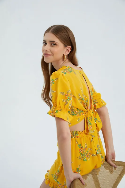 Floral Surplice Neck Short Sleeve Crop Top - Hiccup