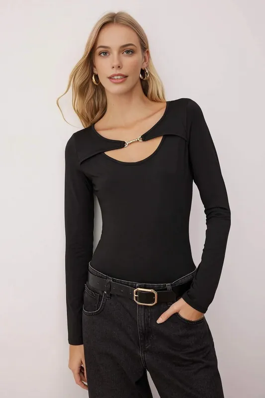 Gold Ring Detail Long Sleeve Knit Bodysuit - WOVCOR