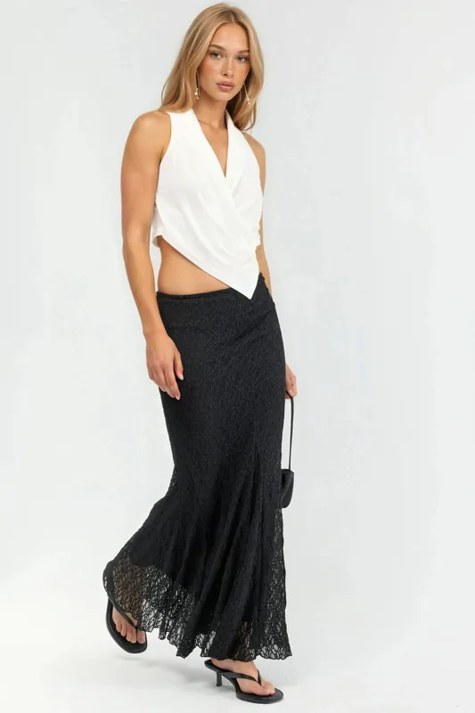 High Waist Lace Maxi Skirt with Slit - QU Style