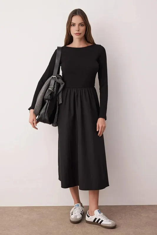 Long Sleeve Maxi Woven Dress with Gathered Waist - WOVCOR
