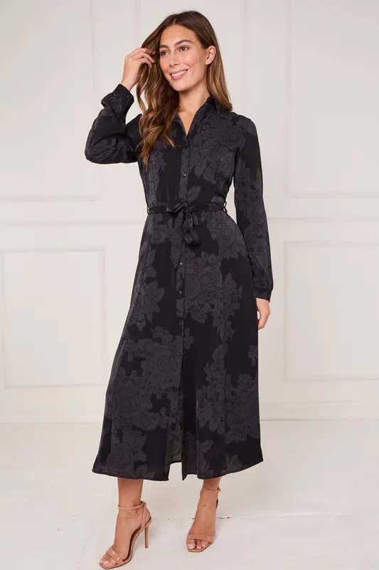 Black Tonal Rose Print Maxi Shirt Dress - Love Sunshine