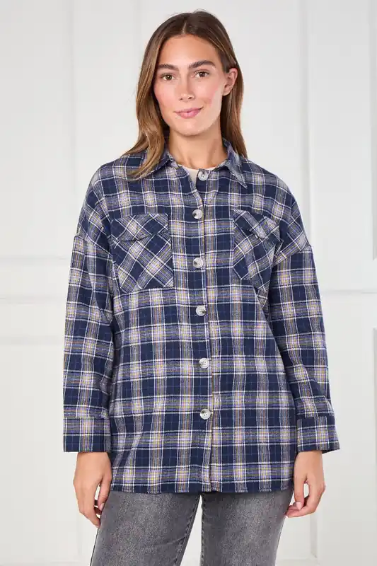 Navy Checkered Oversized Shirt - ELAINA FASHION