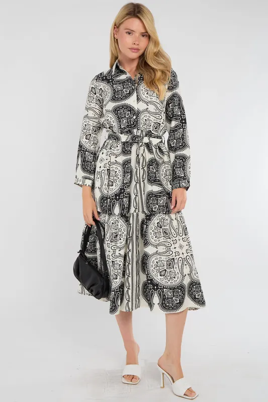 Mono Paisley Print Tiered Midi Shirt Dress - Love Sunshine