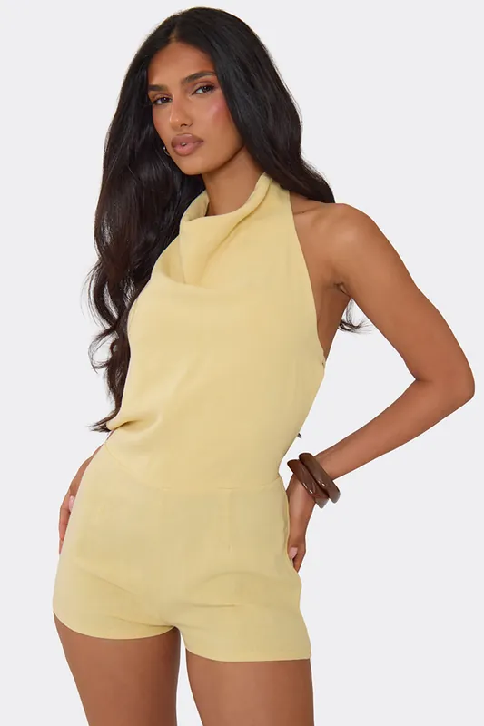 Sleeveless Tie Back Halter Neck Tie Back Playsuit - EGO