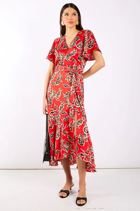 Red Floral Satin Wrap Midi - Needs No Label