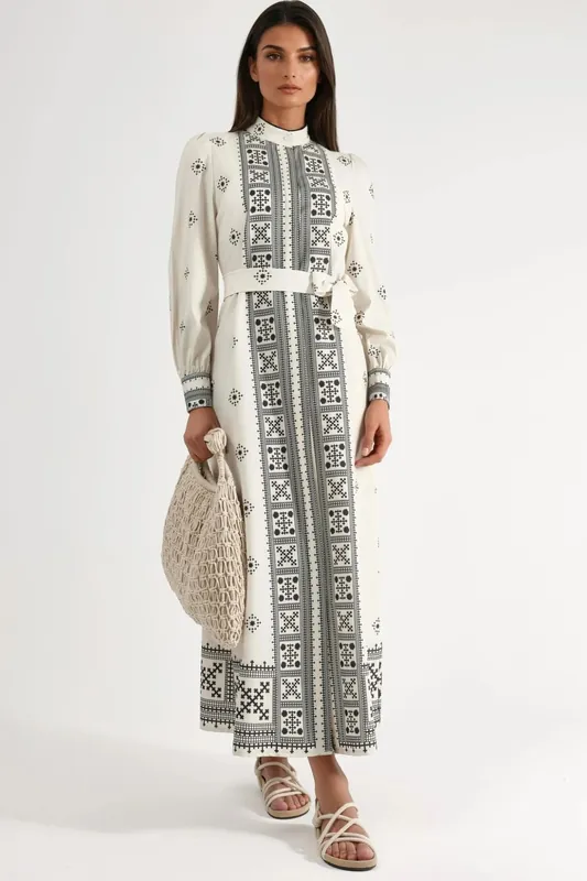 Mandarin Collar Geometric Paneled Maxi Dress - MSN Collection