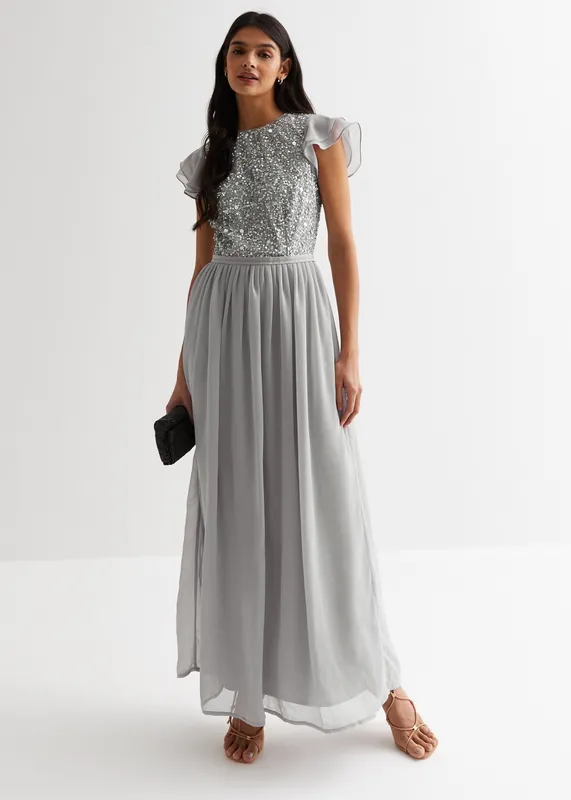 Silver Embellished Maxi Dress - Gini London