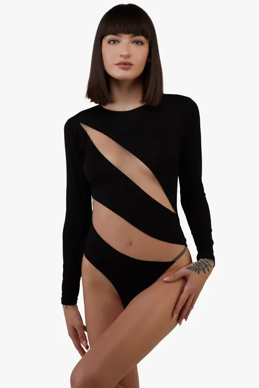Jasi Sheer Panelled Thong Body - Wolf & Whistle