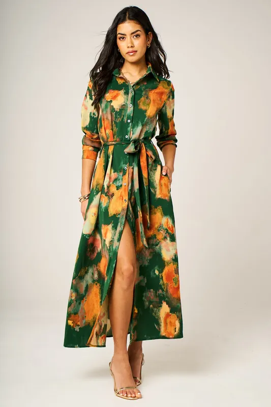 Green Abstract Print Shirt Collar Belted Midi Dress - FS Collection