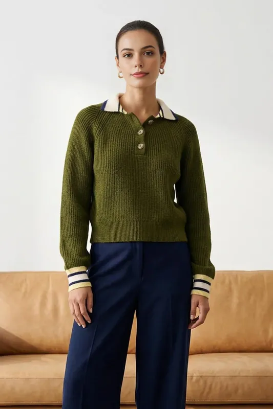 Textured Button-Up Collared Knit Sweater