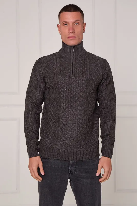 Half Zip Cable Knit Textured Jumper - ELAINA FASHION