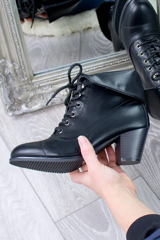 Mid Heel Lace Up Granny Pixie Ankle Smart Boots - AJVANI