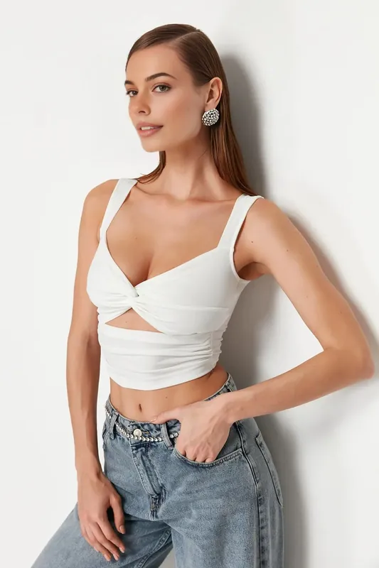 Heart Neck Sleeveless Cut Out Detail Fitted Crop Blouse - WOVCOR