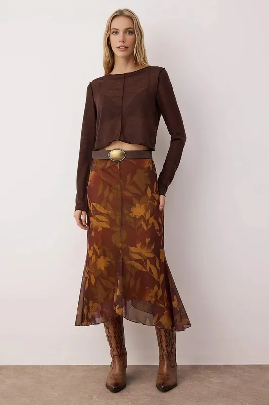 Floral Print Mesh Midi Skirt with Flared Hem - WOVCOR