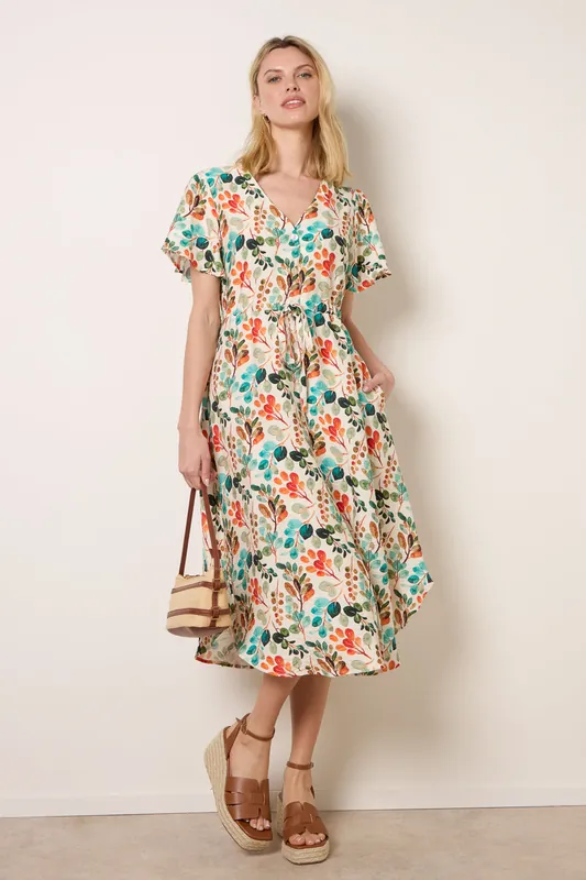 Cream Leaf Print Tie Waist Shirt Midi Dress - Blue Vanilla