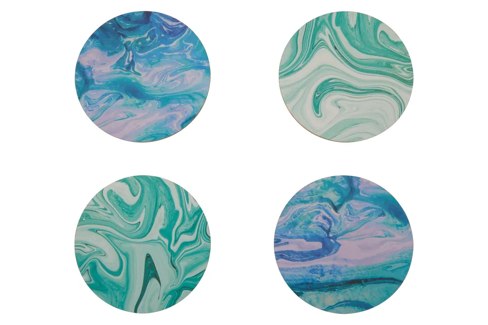Stylish Set Of 4 Marble Wave Print Cork Coasters, Round Design Set Of 4 Coasters, Durable Kitchen Coasters - Orsina