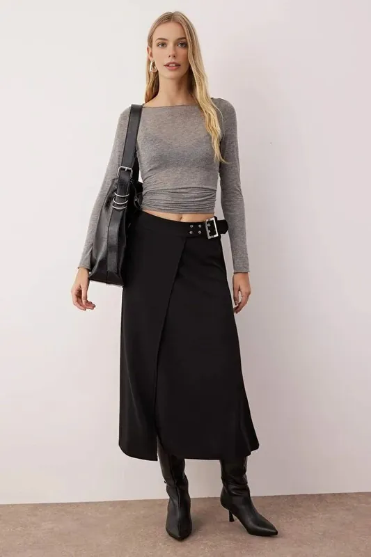 Skater Style Crepe Knit Midi Skirt with Stretch Fit and Belt Detail - WOVCOR