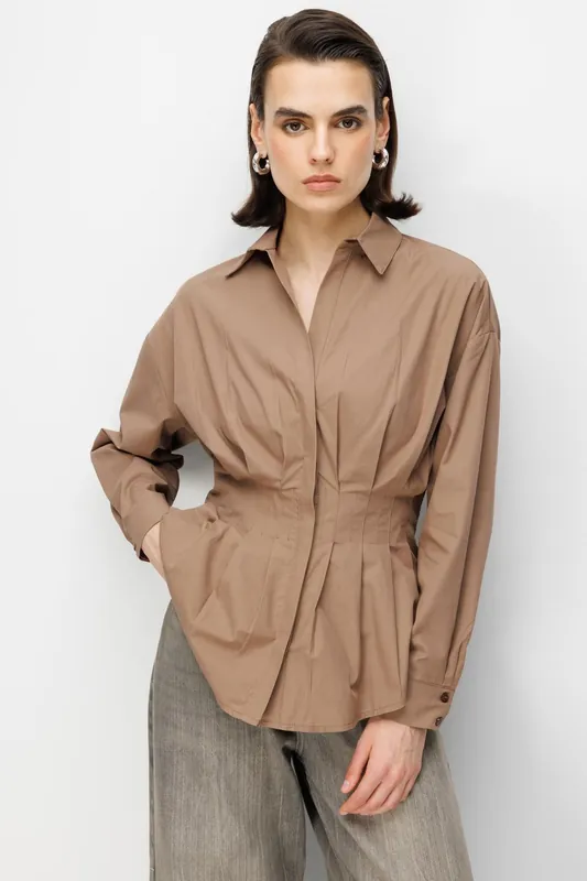 Fitted Long Sleeve Poplin Shirt with Button Closure - MixRay