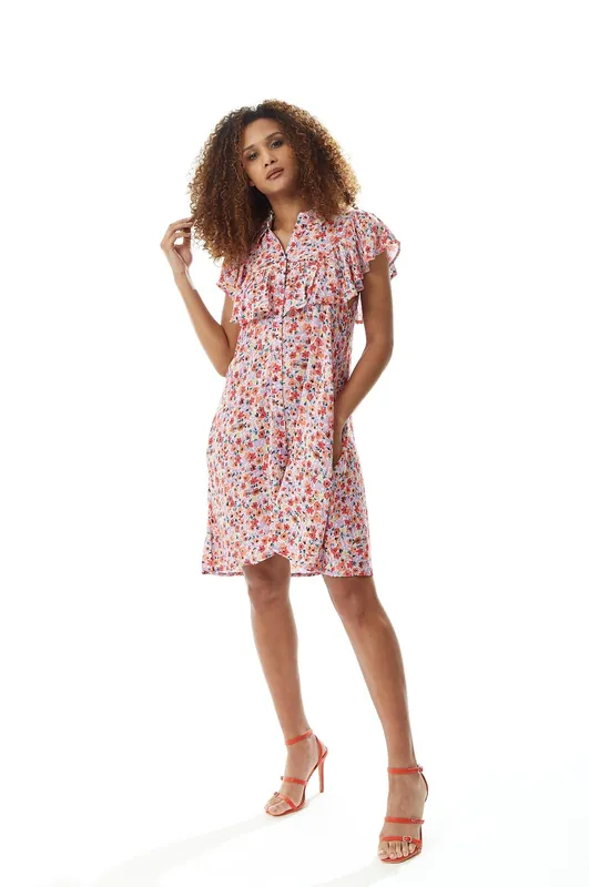 Purple Based Floral Mini Shirt Dress with Frill Details - Liquorish
