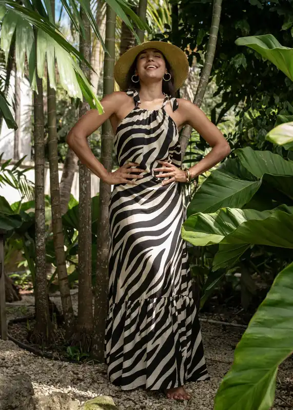 Mono Zebra Print Tie Shoulder Maxi Dress - Gini London