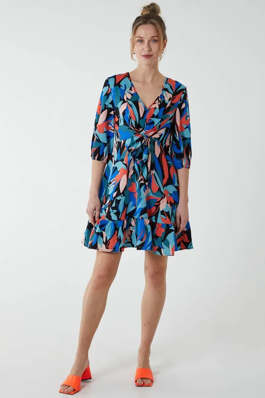 Tie Front 3/4 Sleeve Dress - Blue Vanilla
