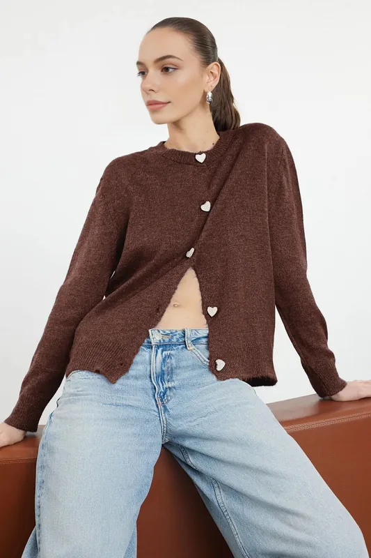 Soft-Textured Knit Cardigan Jewelry Button Detail