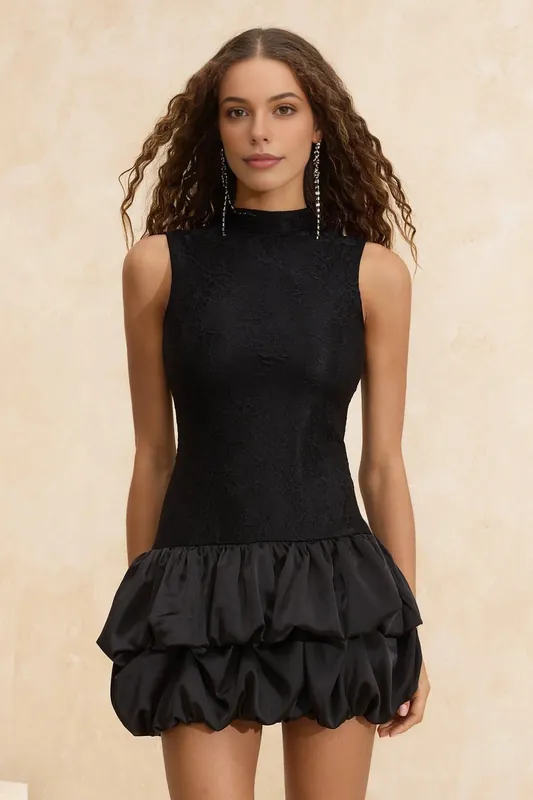 Lace Bodice Balloon Hem High Neck Sleeveless Mini Dress - WOVCOR