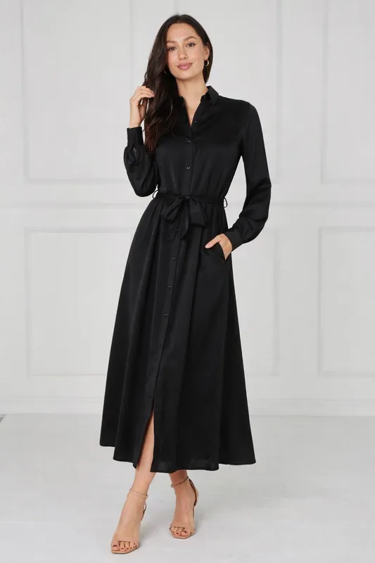 Black Velvety Satin Maxi Shirt Dress - Love Sunshine