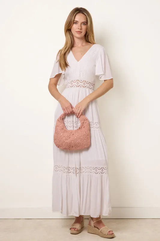 Ivory V-Neck Tiered Crochet Detail Maxi Dress