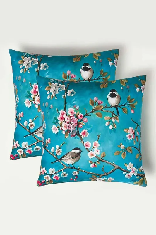 Luxury Waterproof Blue Bird Outdoor Cushion 45 x 45 cm, Set of 2 - Homescapes