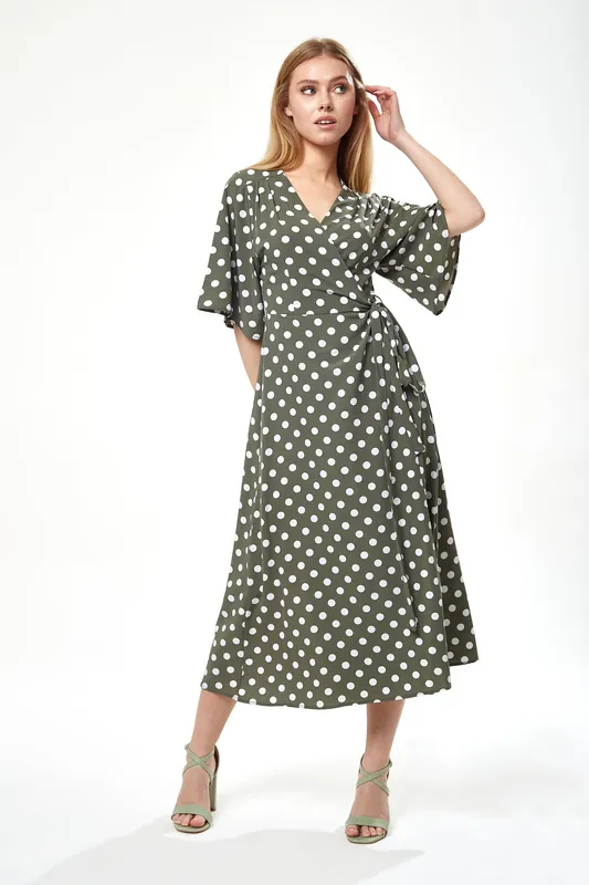 Polka Dot Midi Wrap Dress In Khaki - Liquorish