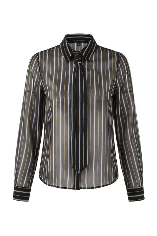 Striped Sheer Chiffon Button-Front Shirt with Tie Detail