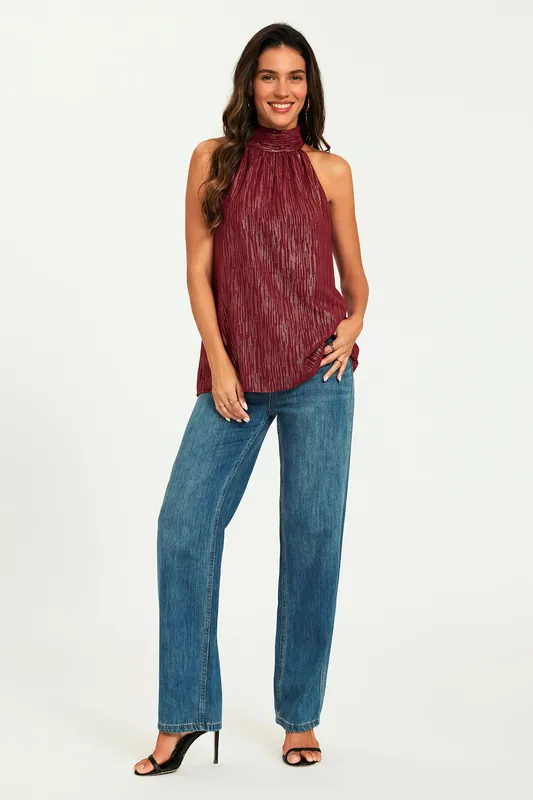 Gold Stripe Foil Halter Neck Tie Back Top In Wine - FS Collection