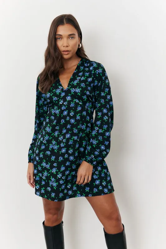Black Ditsy Floral Print Tie Back Mini Dress - In The Style