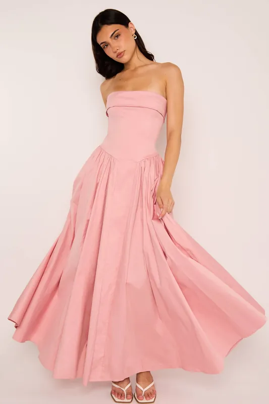 Edith Pink Rose Bandeau Corset Cotton Maxi Dress - Jaded Rose
