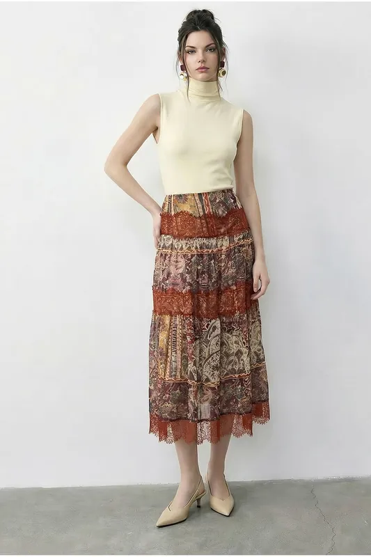 High Waist Paisley Maxi Skirt - Bianco Lucci