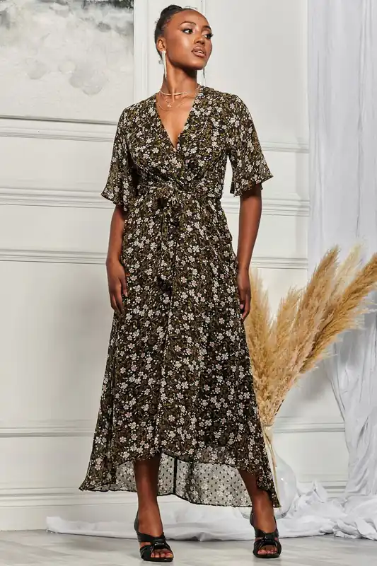 Angel Sleeve Wrap Tie Front Maxi Dress - Jolie Moi