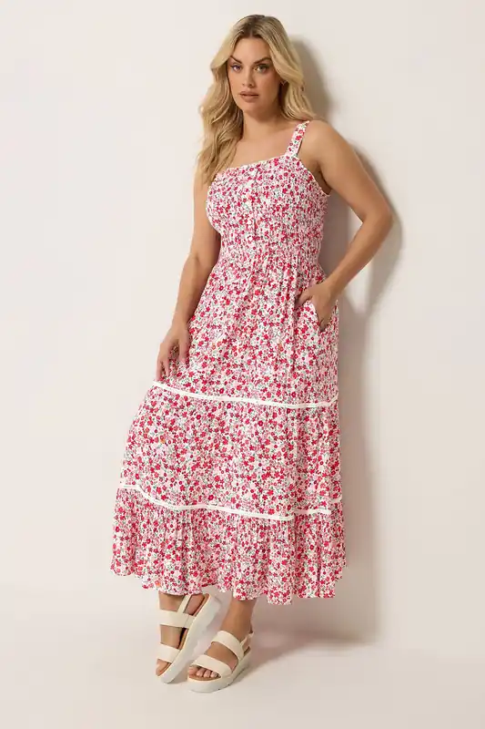 Shirred Floral Placket Dress - Yours