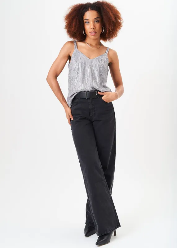 Silver Sequin V Neck Cami Top - Gini London