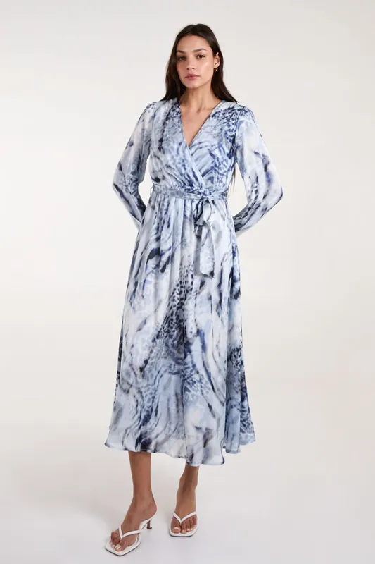 Long Sleeved Watercolour Wrap Midi Dress - Blue Vanilla