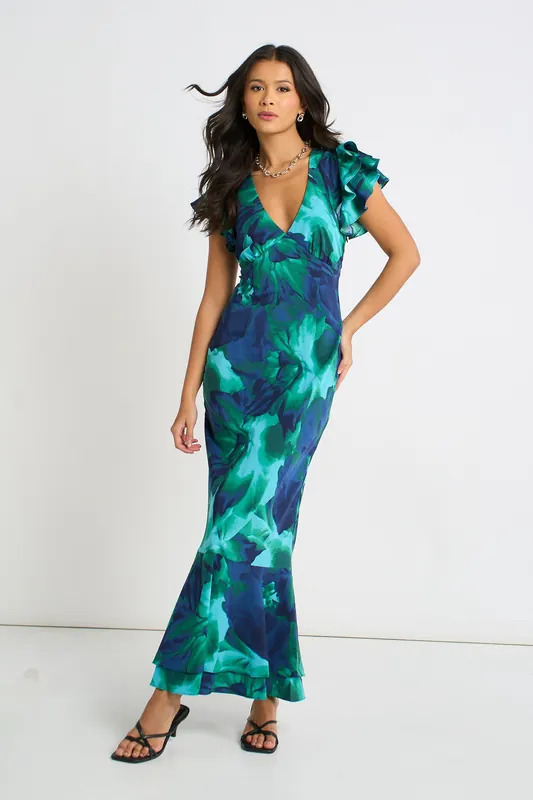 Green Watercolour Floral Maxi Dress - Gini London