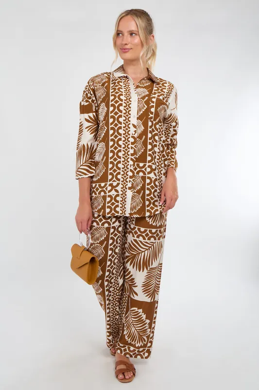 Tan and Cream Tropical Patch Print Co-Ord Set