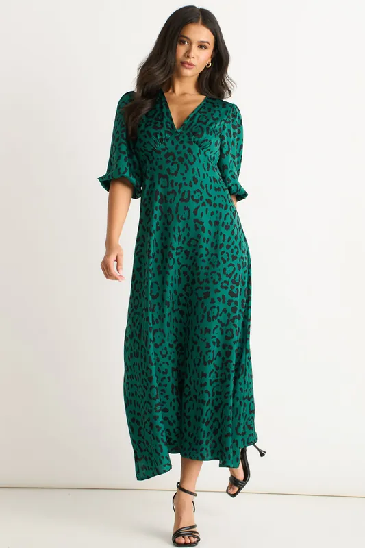 Green Animal Print Satin Midi Dress - Gini London