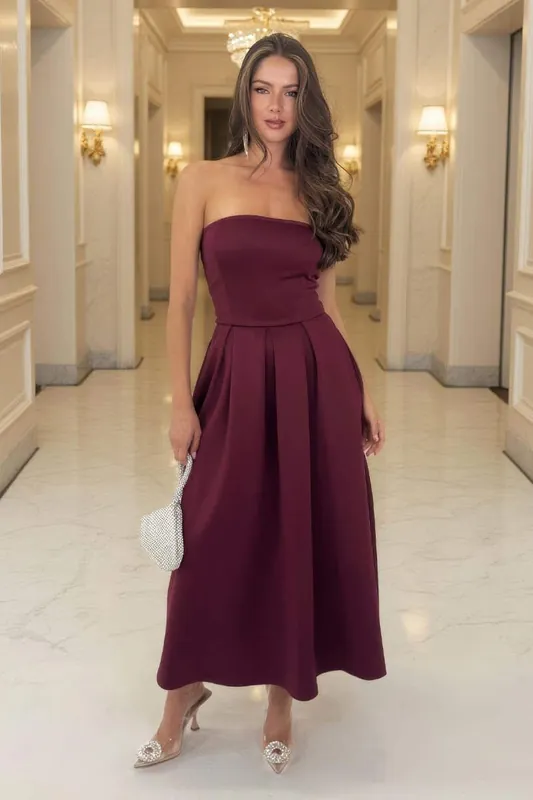 Plum Bandeau A-Line Skirt Midi Dress