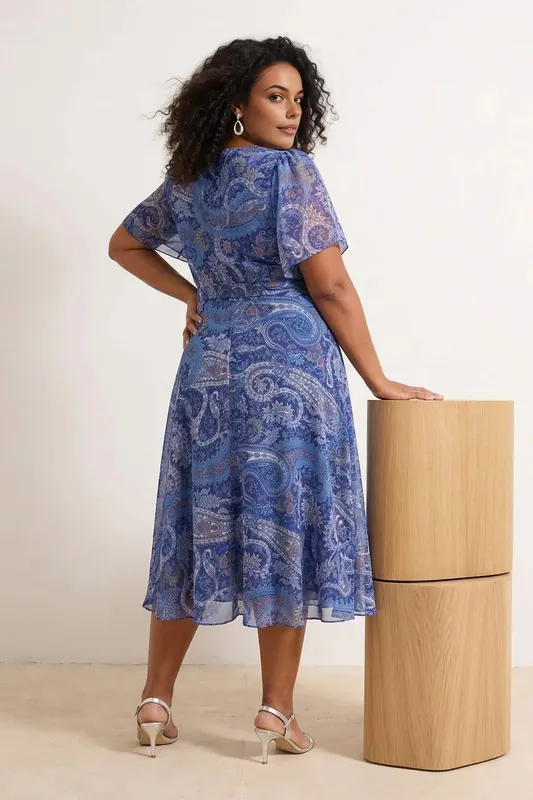 V-Neck Paisley Wrap Midi Dress with Tie Waist