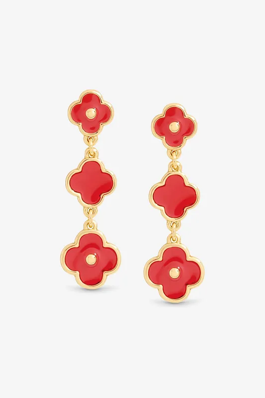Gold Plated and Coral Clover Drop Earrings - Mood