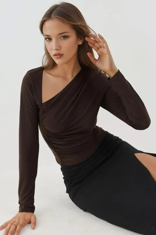 Asymmetrical Collar Long Sleeve Soft Touch Knitted Top - Hiccup