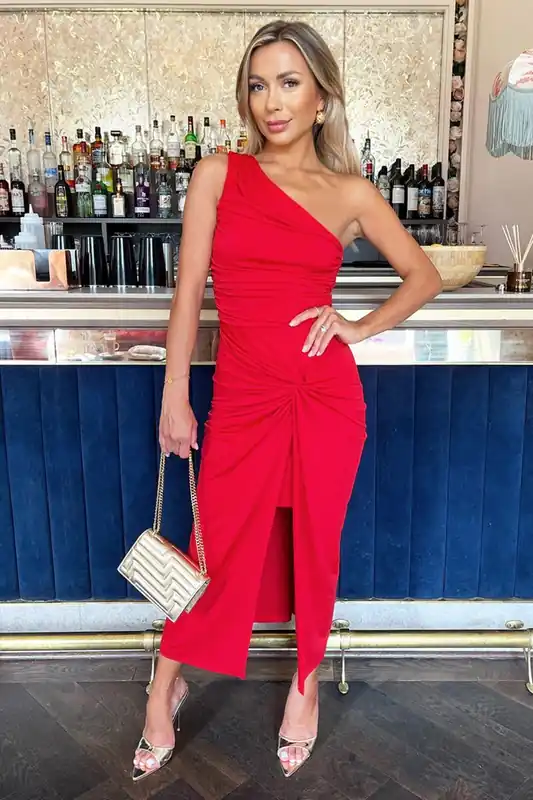 Red One Shoulder Knot Skirt Midi Dress - AX Paris