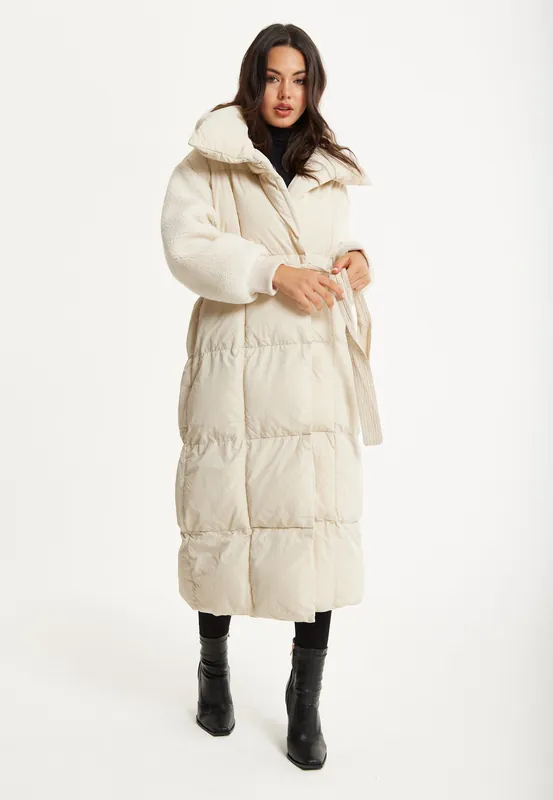 Cream Longline Belted Puffer Coat - Liquorish