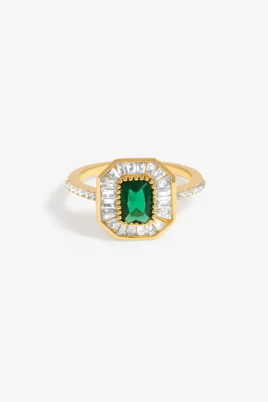 Gold Plated Cubic Zirconia Emerald Baguette Cocktail Ring - Jon Richard